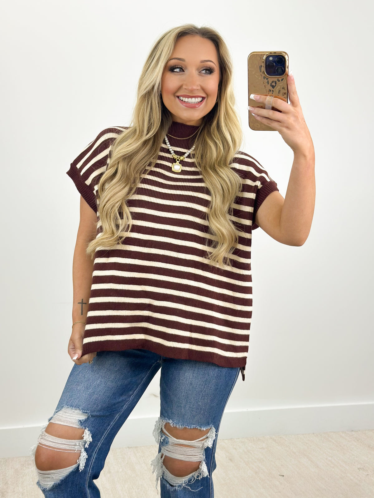 Burgundy and white striped mock neck sweater, short sleeves, relaxed fit