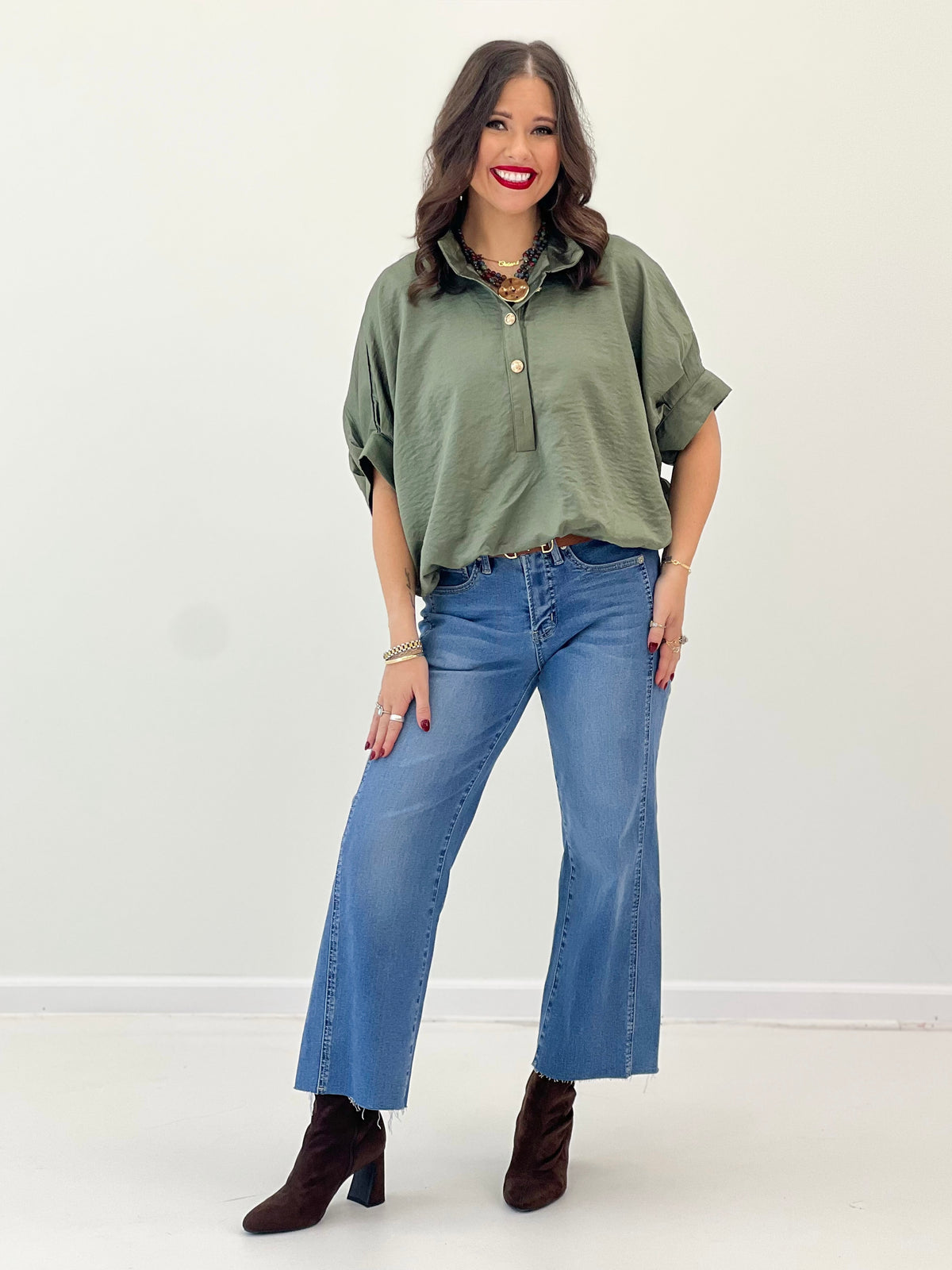 Olive stand-collar button front short-sleeve top with wide cuffed sleeves