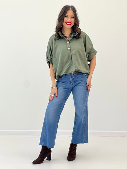 Olive stand-collar button front short-sleeve top with wide cuffed sleeves