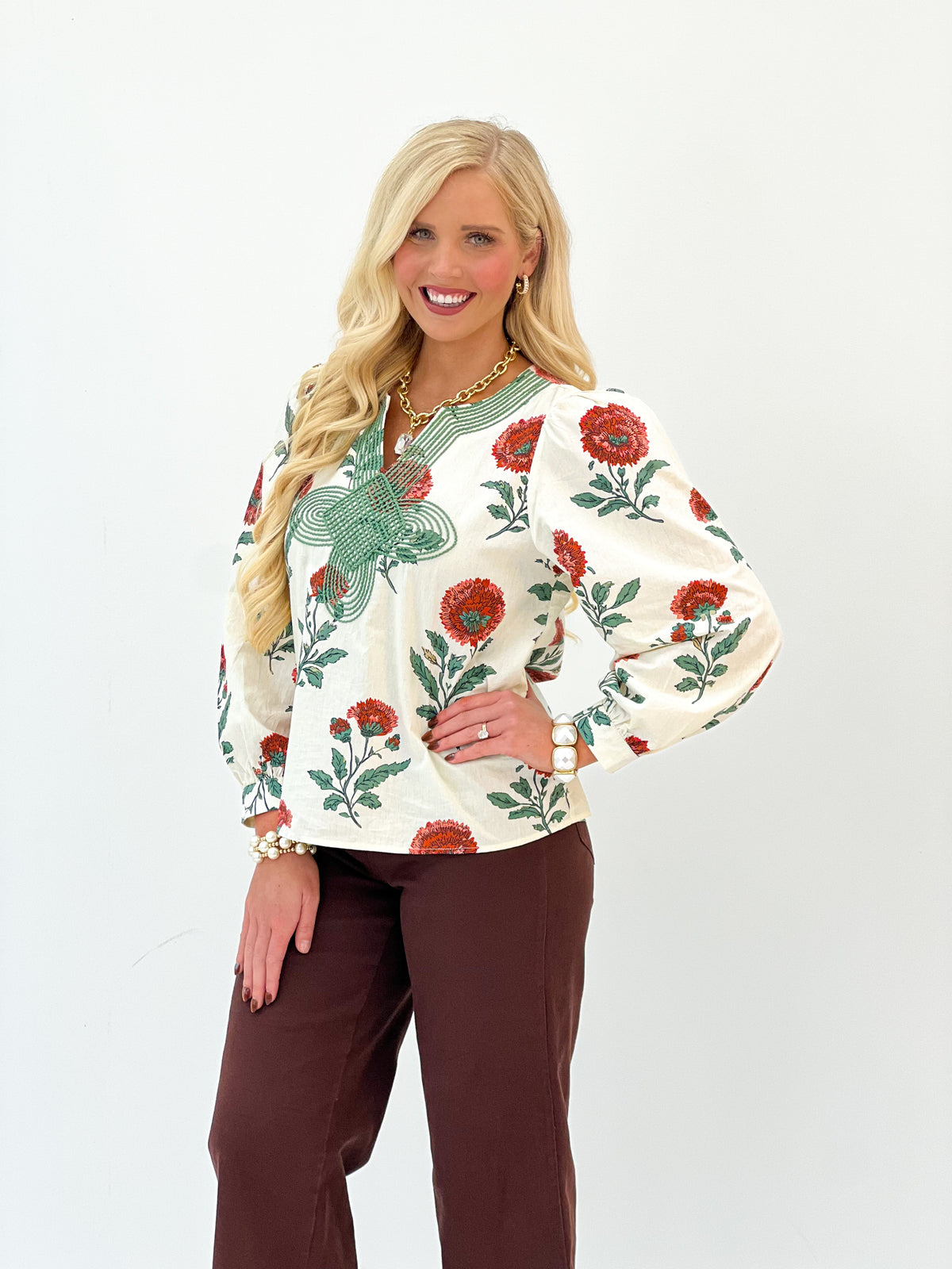 Jodifl Floral Embroidered Notched V-Neck Top
