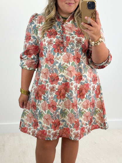 Floral button-front mini dress with smocked cuffs and puff sleeves, rust mix tones