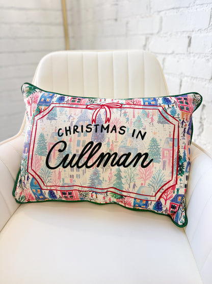 Christmas-themed throw pillow with 'CHRISTMAS IN Cullman' lettering and multicolor print