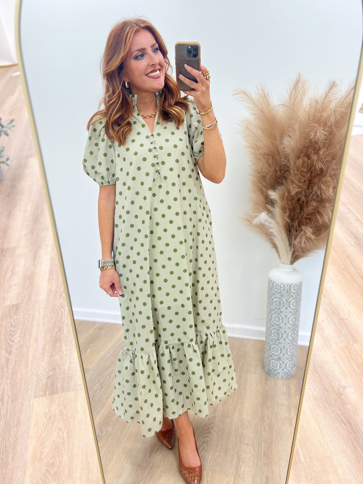 Olive green polka dot maxi dress, V-neck and short puff sleeves, tiered skirt hem