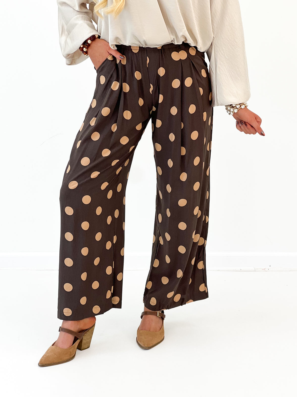 Umgee Polka Dot High Waist Pleated Wide Leg Pants
