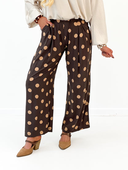 Umgee Polka Dot High Waist Pleated Wide Leg Pants