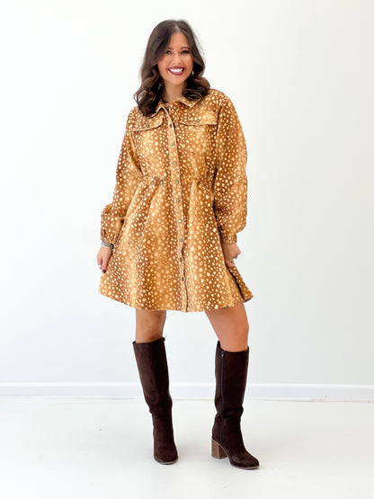 Bambi print long-sleeve button-down mini dress, A-line silhouette in brown