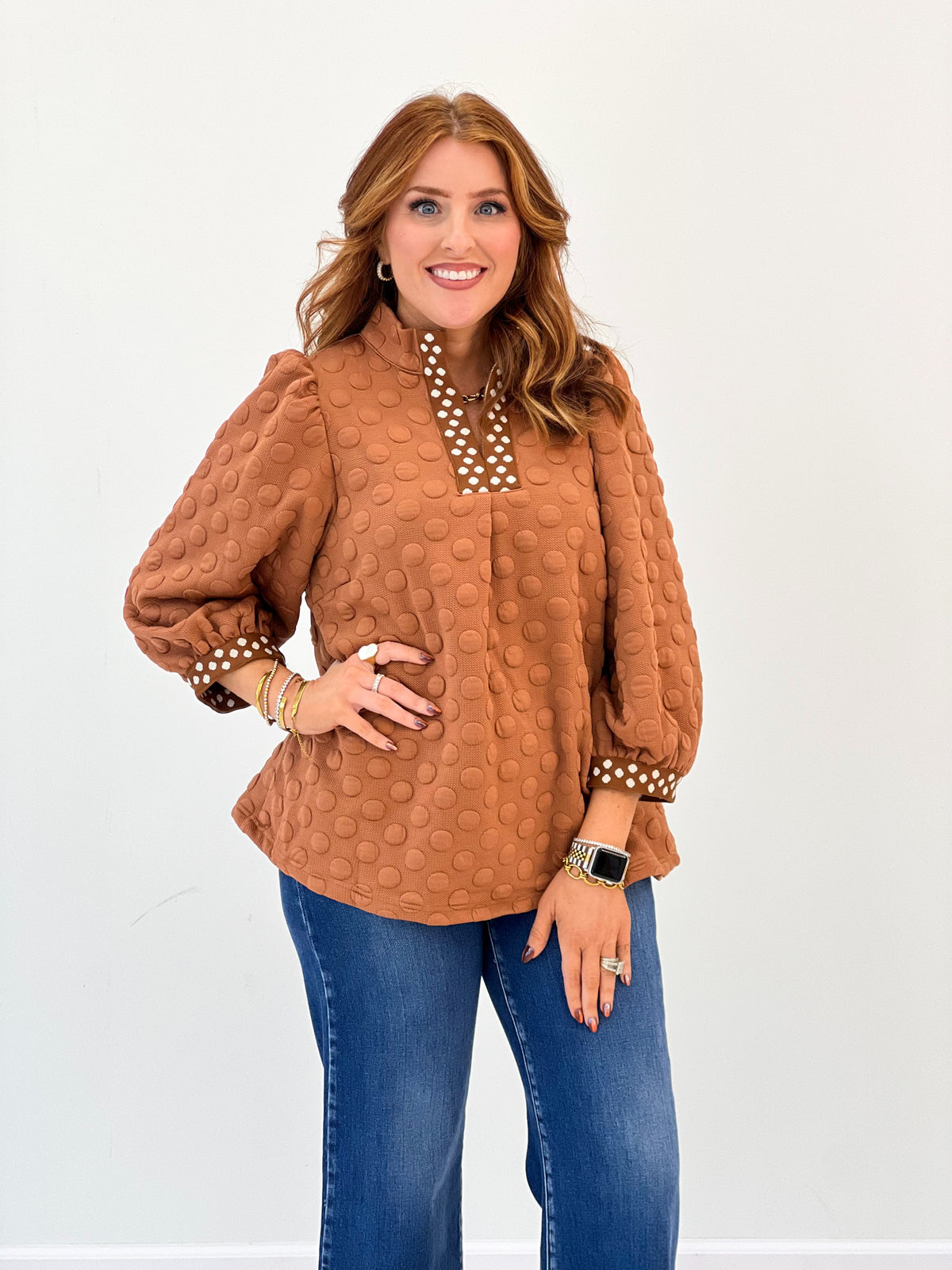 Umgee Jacquard Polka Dot Contrast Trim Top