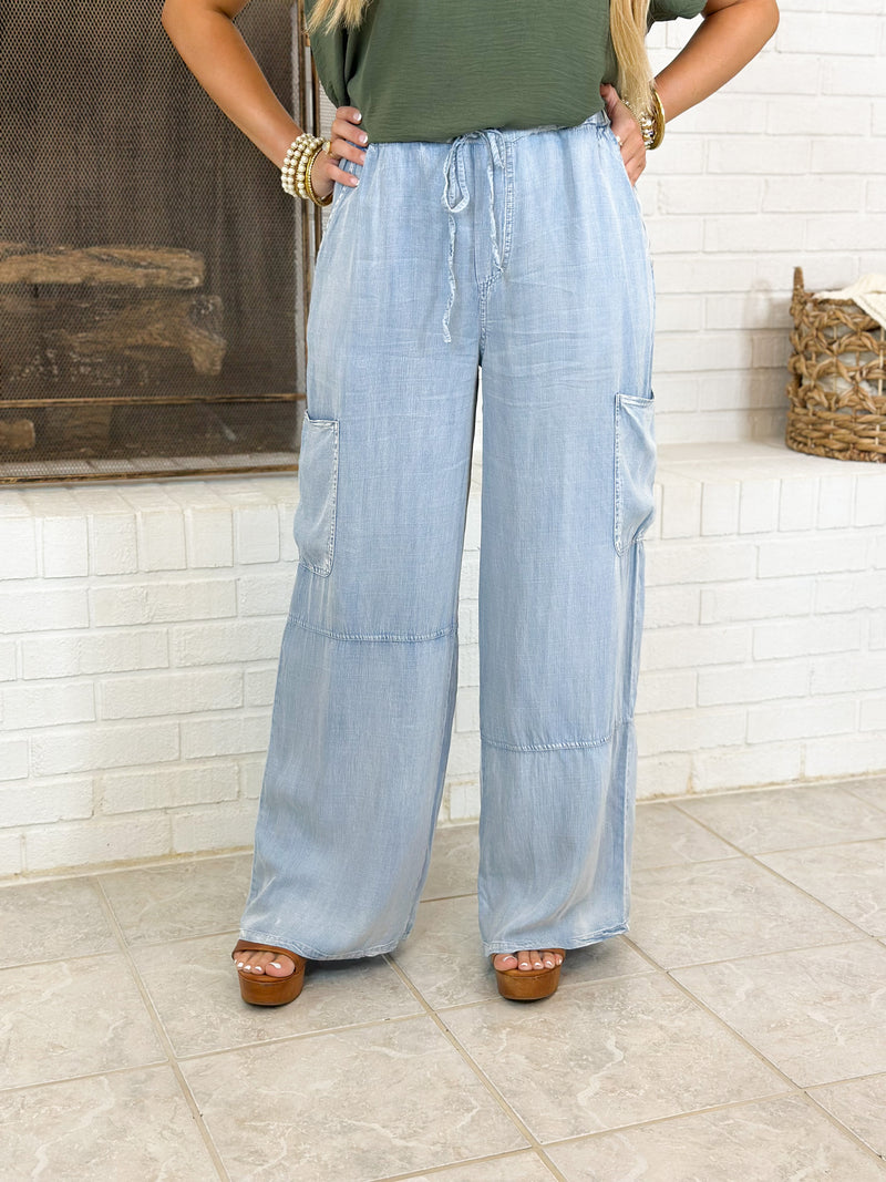 Light Denim Chambray Elastic Cargo Pants