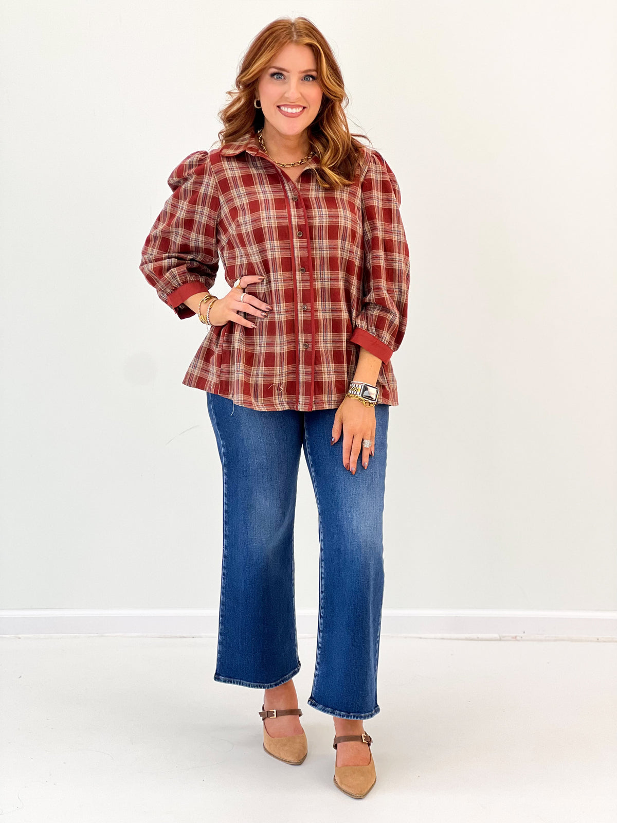 Umgee Plaid Button Front Puff Sleeve Blouse
