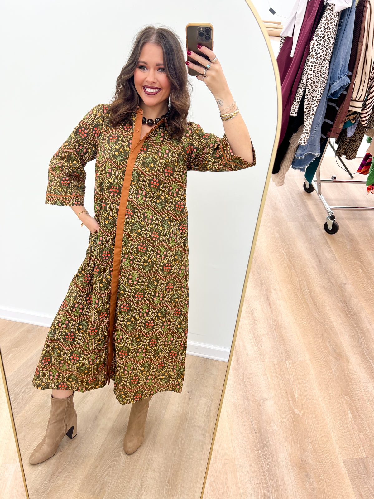 Olive patterned button-down midi dress with contrast trim and long sleeves