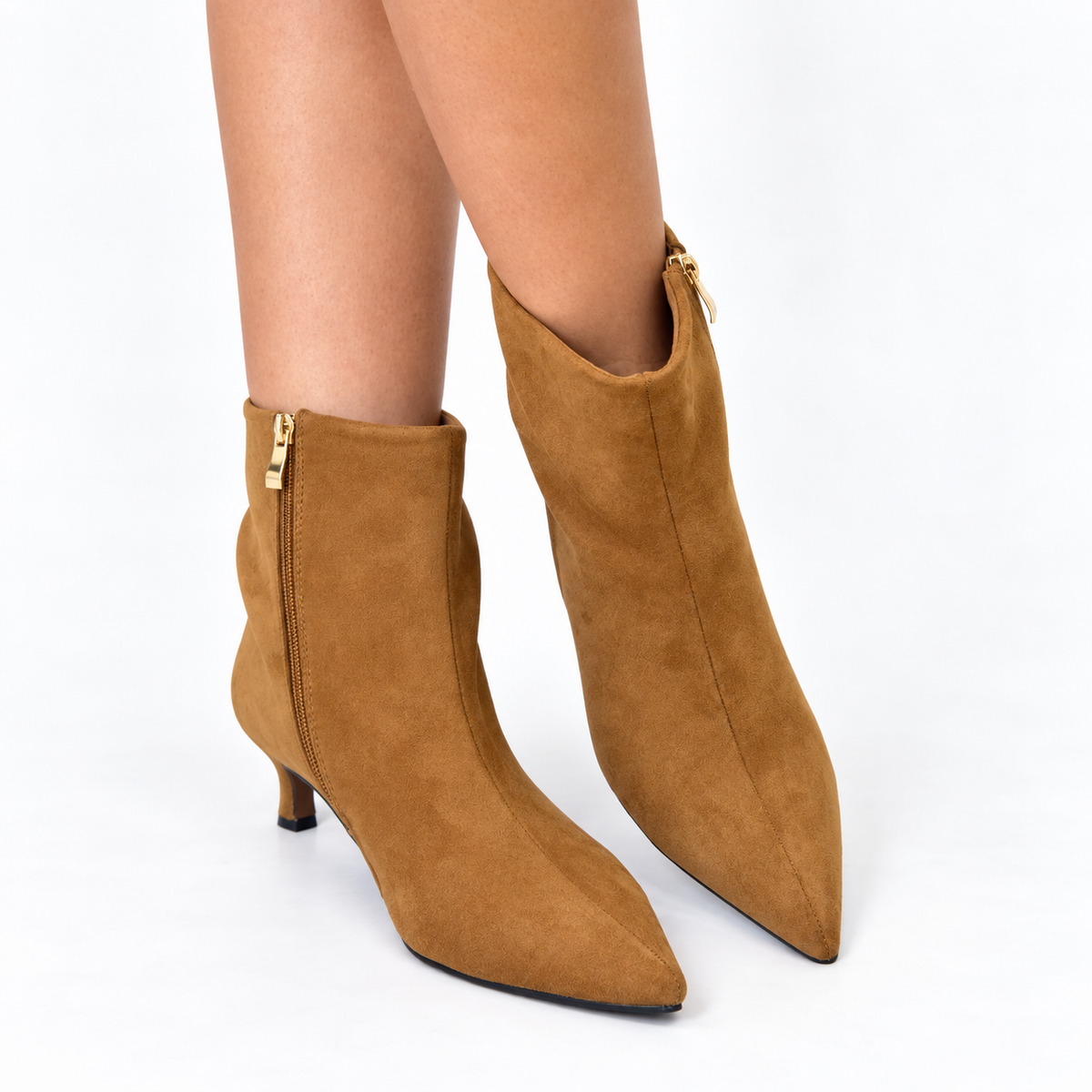 Camel suede ankle boots with side zipper and pointed toe, side view