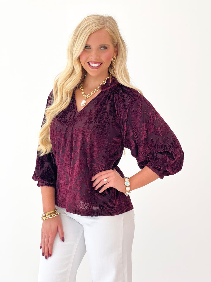 Umgee Damask Print Velvet Split Neck Top