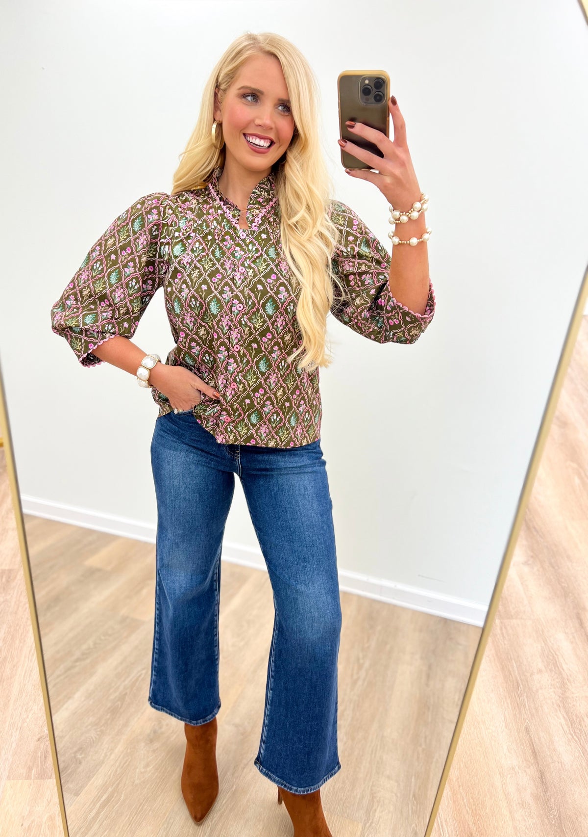 Jodifl Floral Ruffle Neck Button Down Top