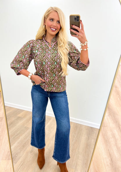 Jodifl Floral Ruffle Neck Button Down Top