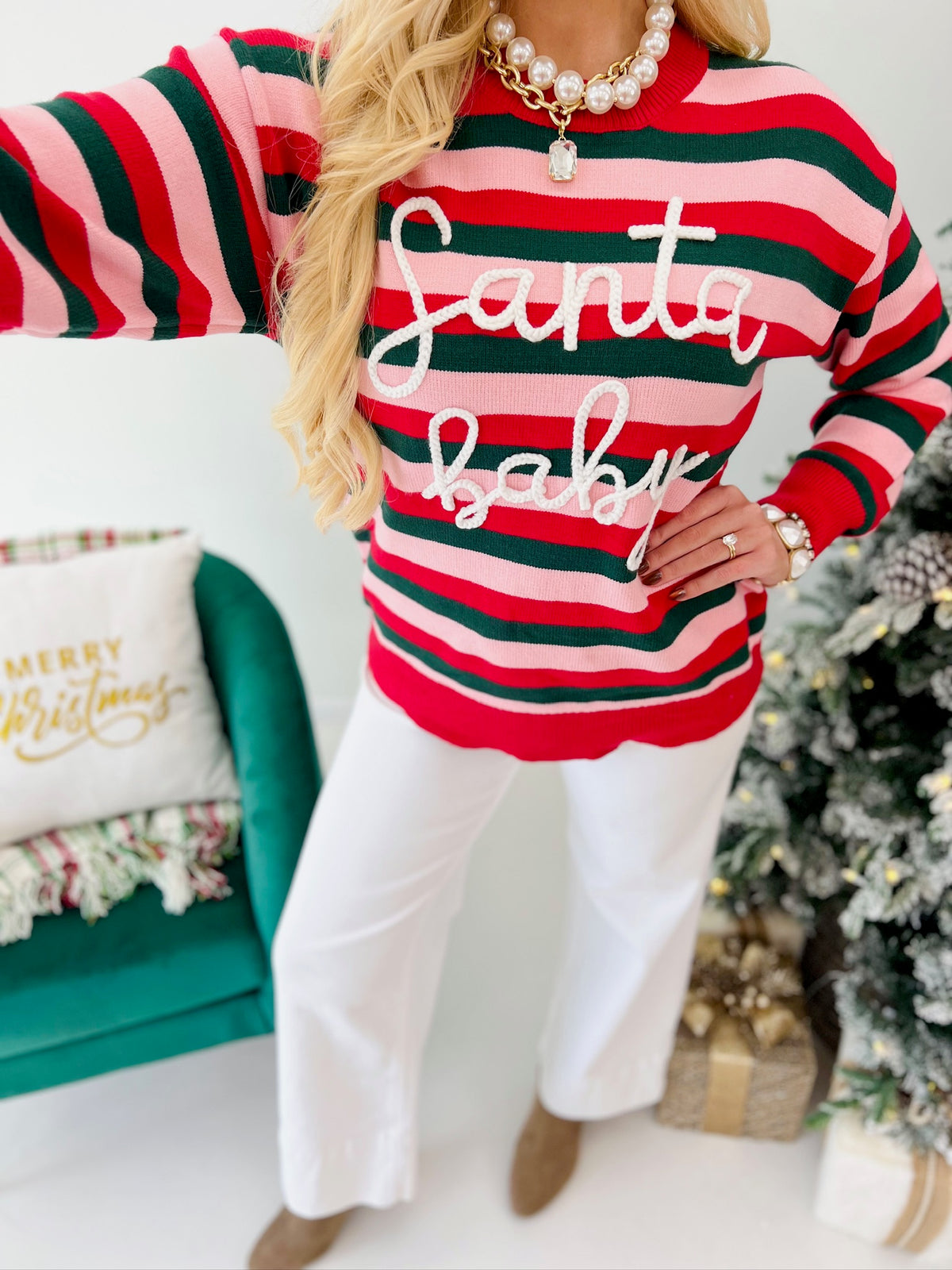Red, green, white striped knit sweater with chenille "Santa baby" lettering