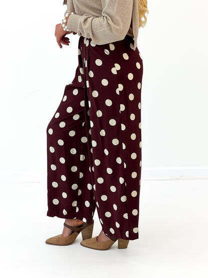 Umgee Polka Dot High Waist Pleated Wide Leg Pants