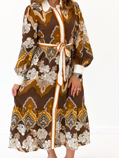 Mocha retro print midi dress, collared V-neck, button front, tied waist