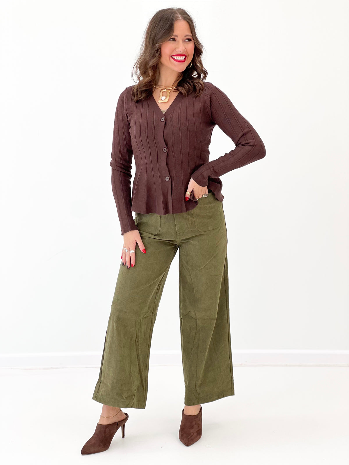Allie Rose Rib Knit Flared Hem Sweater Cardigan