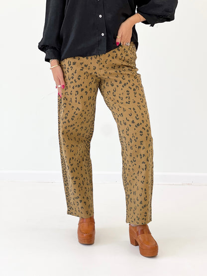 Entro camel leopard print wide-leg pants shown in a close-up view