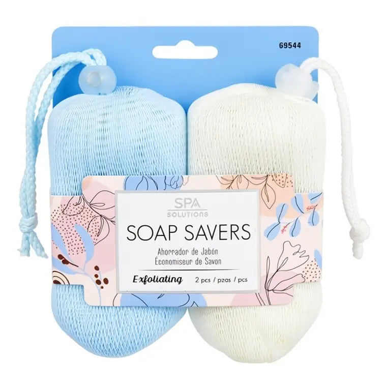 CALA two-piece soap saver set with blue and cream mesh pouches and drawstring cords