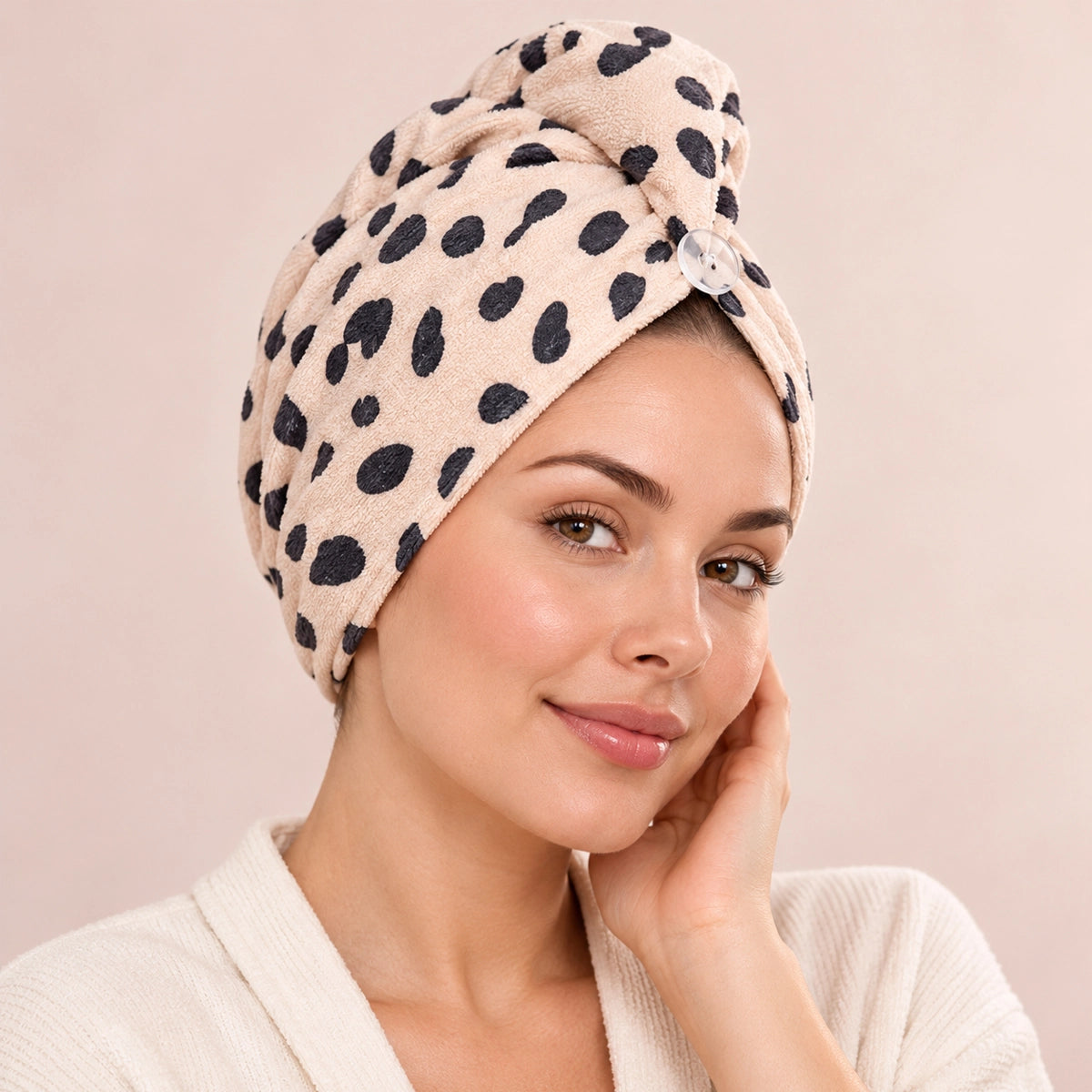 CALA cheetah-print hair turban in beige with a button closure, worn wrapped around the head.