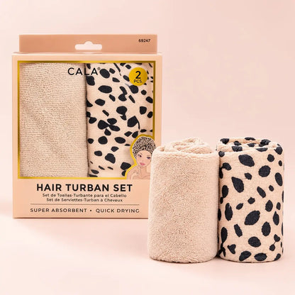 CALA hair turban set with rolled beige and cheetah-print wraps beside the two-piece package.