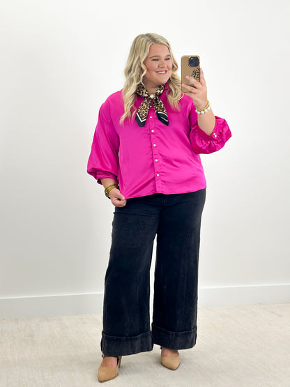 Fuchsia puff-sleeve button-front shirt with gold buttons