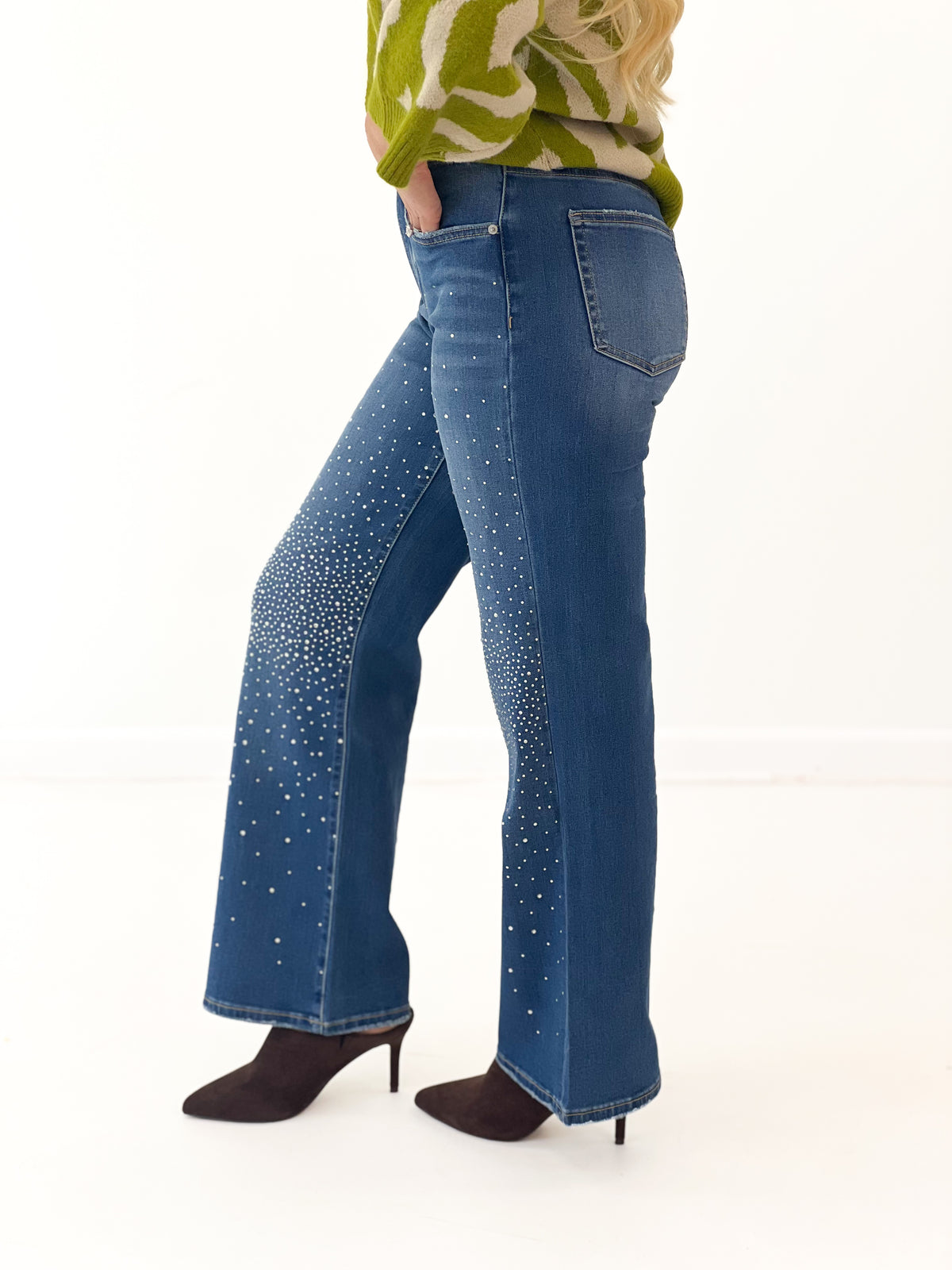 High-rise wide-leg embellished jeans, dark navy denim with speckled finish and back pockets