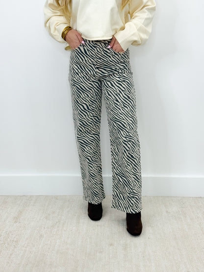 Zebra-print high-rise vintage straight-leg jeans, relaxed straight fit