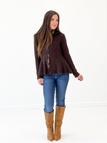 Dark brown rib-knit zip-up cardigan, long sleeves, straight hem