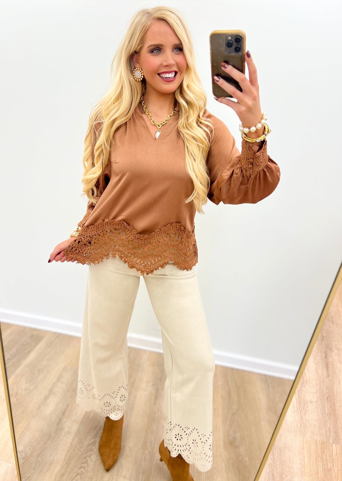 Bone suede wide-leg pants with laser-cut scalloped hem and pocket detailing