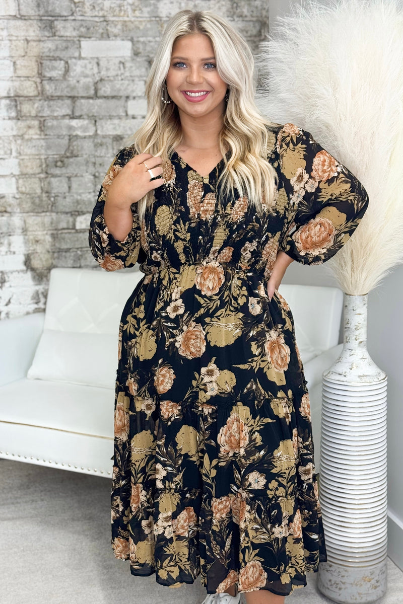 Black Floral Print Smocked Long Sleeve Dress