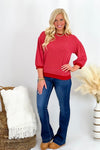 Red Ribbed Puff Sleeve Top