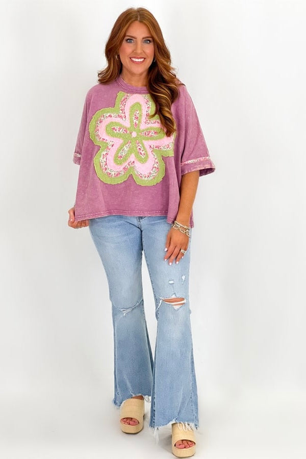 Magenta Short Sleeve Flower Patch Top