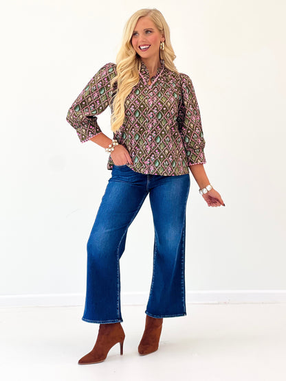 Jodifl Floral Ruffle Neck Button Down Top
