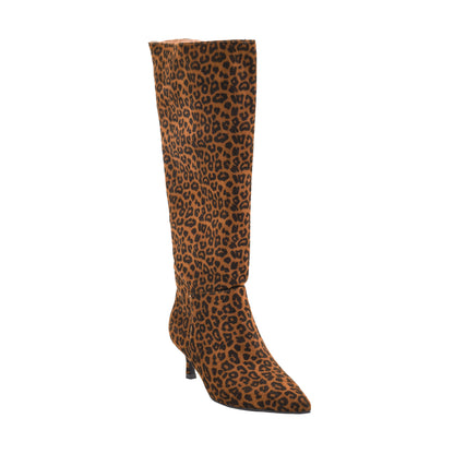 Leopard-print tall boots with stiletto heel and pointed toe