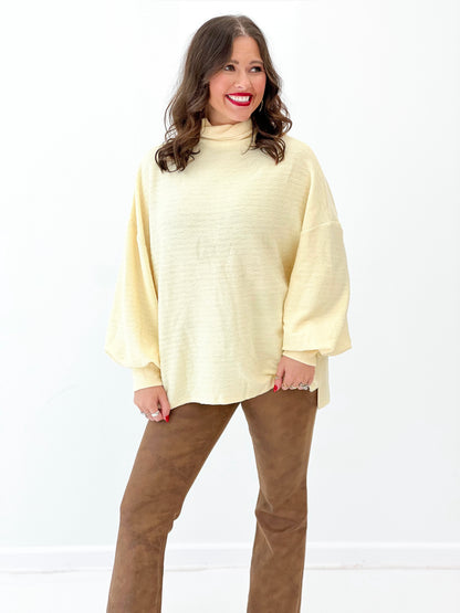 Mock neck balloon sleeve knit top, cream