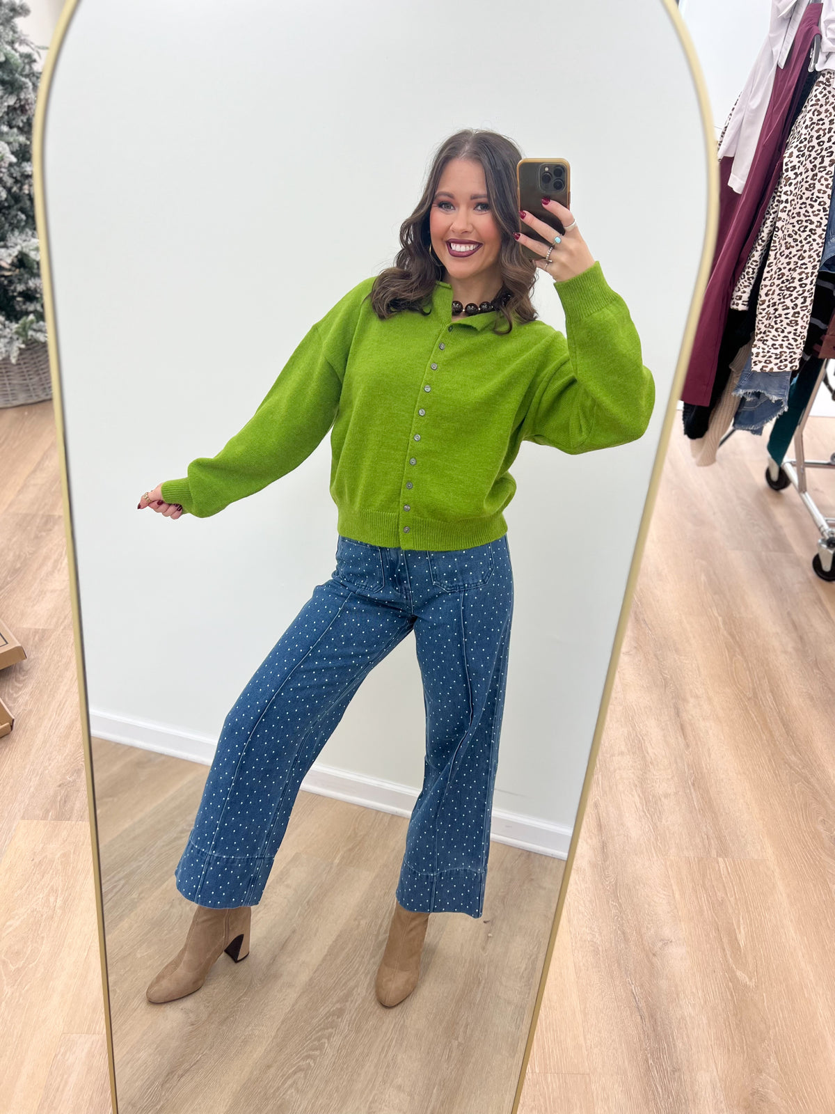 Pea green button-front sweater with fold-over collar, long sleeves