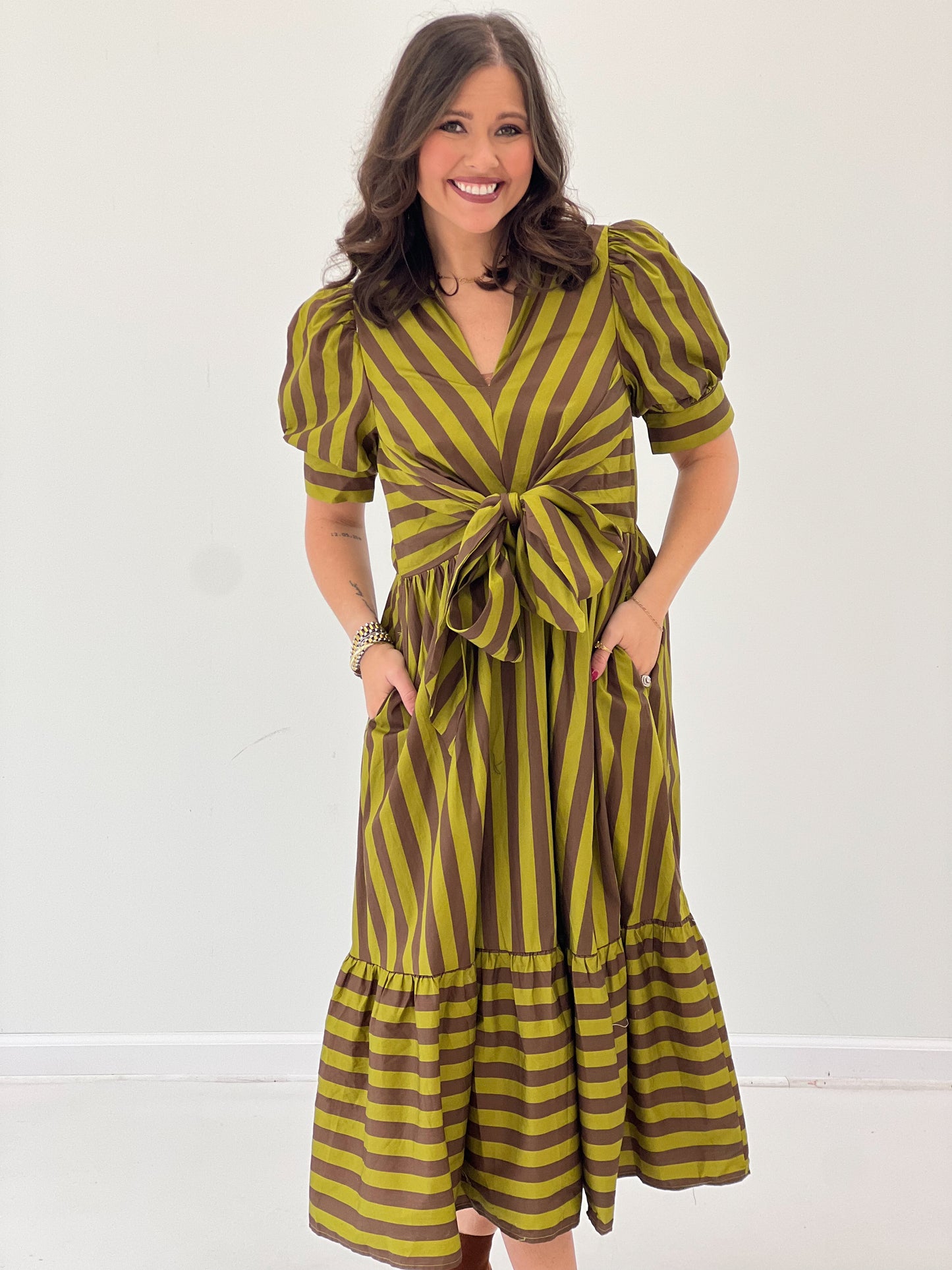 Entro Short SleeveStripe V-Neck Front Dress