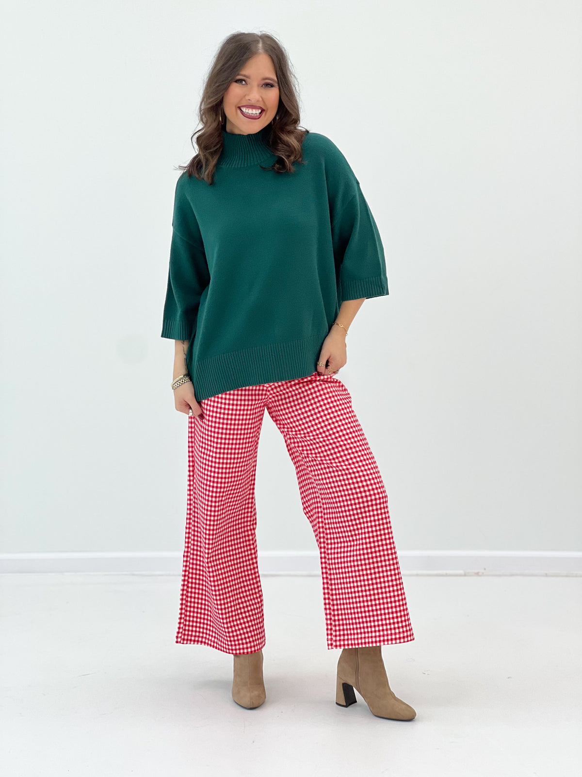 Hunter green mock neck short-sleeve sweater with relaxed fit