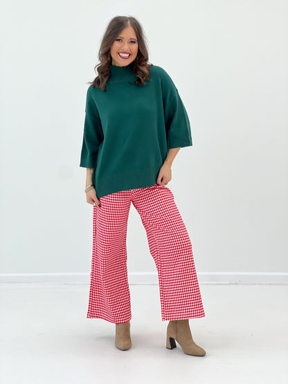 Hunter green mock neck short-sleeve sweater with relaxed fit