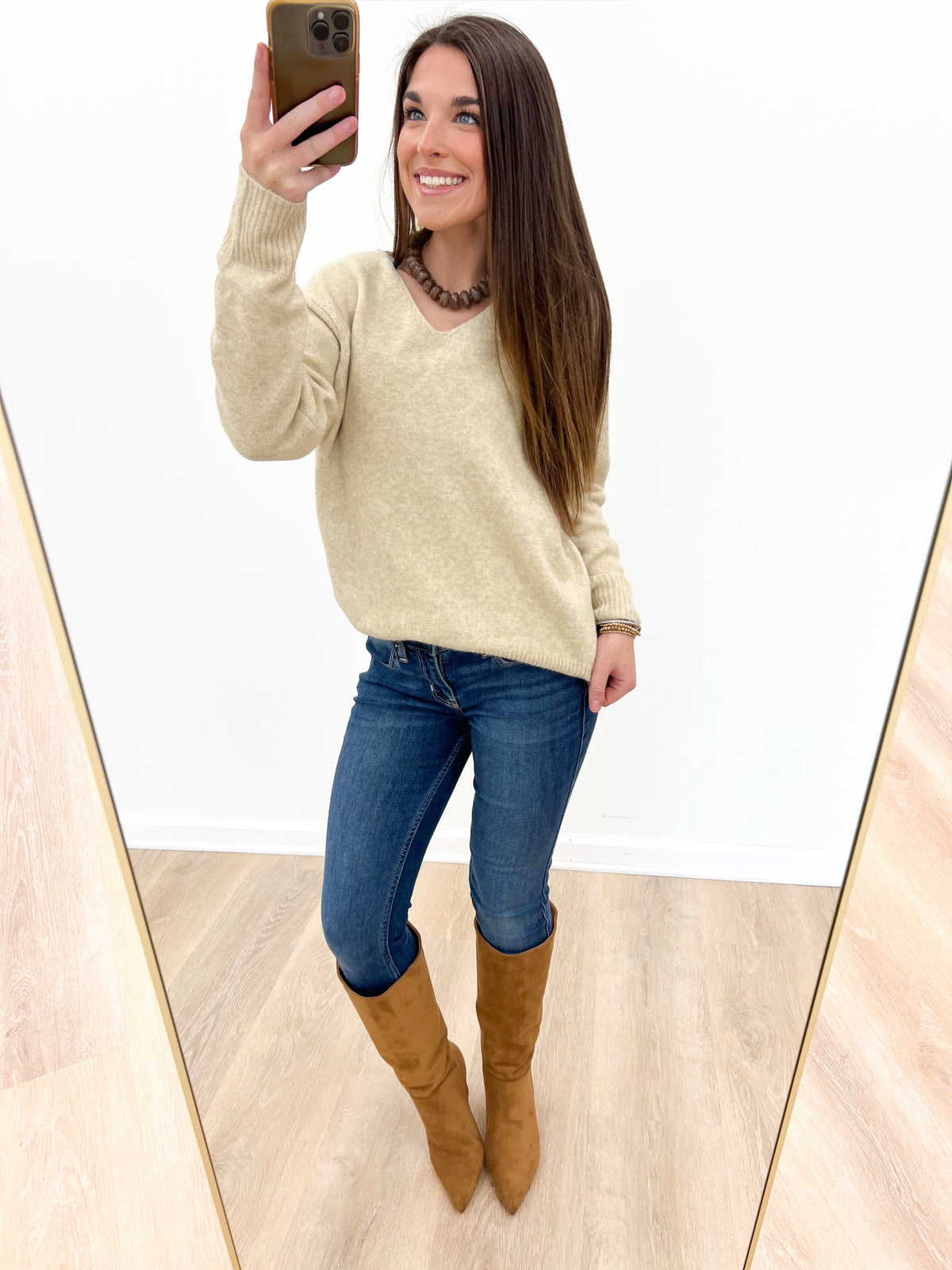 Oatmeal v-neck long-sleeve knit sweater, relaxed fit, with ribbed cuffs