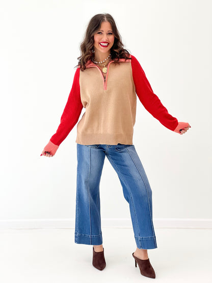 Half-zip color-block sweater: taupe body, red sleeves, ribbed cuffs