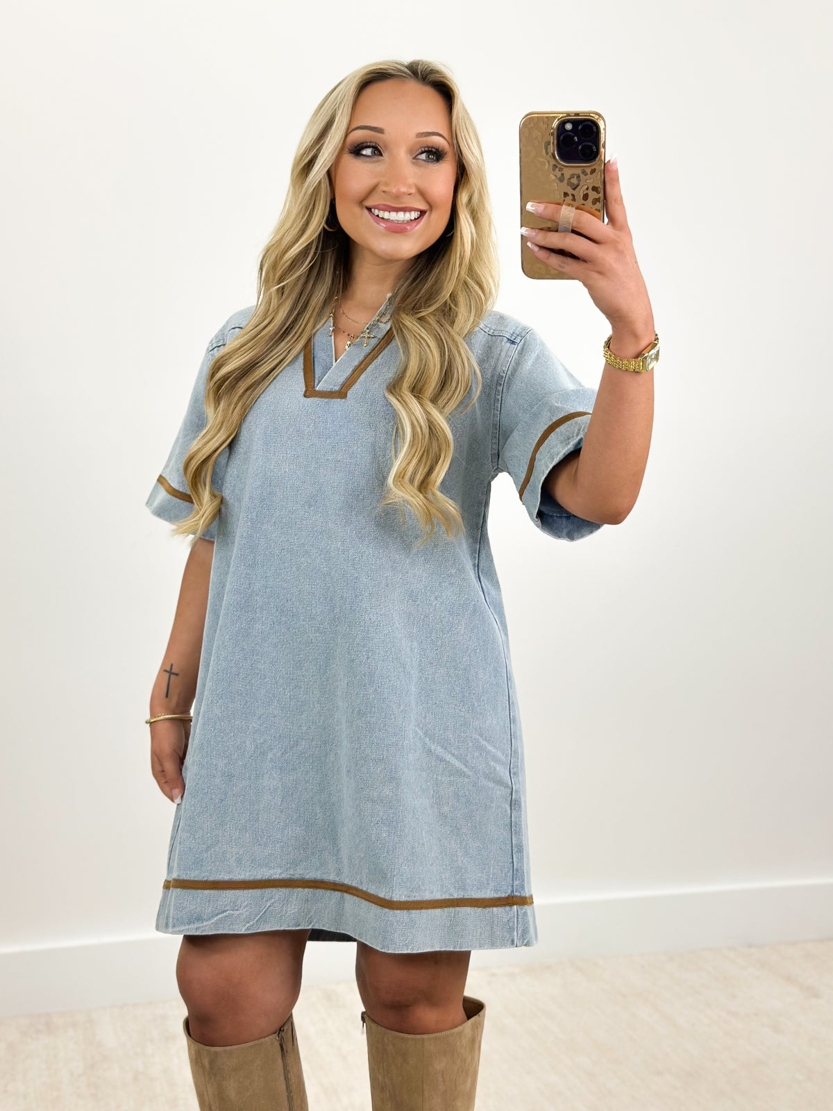 Washed denim V-neck dress with corduroy-trim neckline and sleeve cuffs, above-knee hem