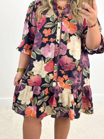 Floral button-front mini dress with smocked yoke and tiered ruffle hem, dark mix