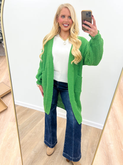 Green oversized loose-knit duster cardigan, long open front with textured knit