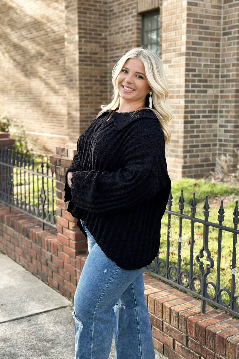 Black Knit Collared V-Neck Sweater