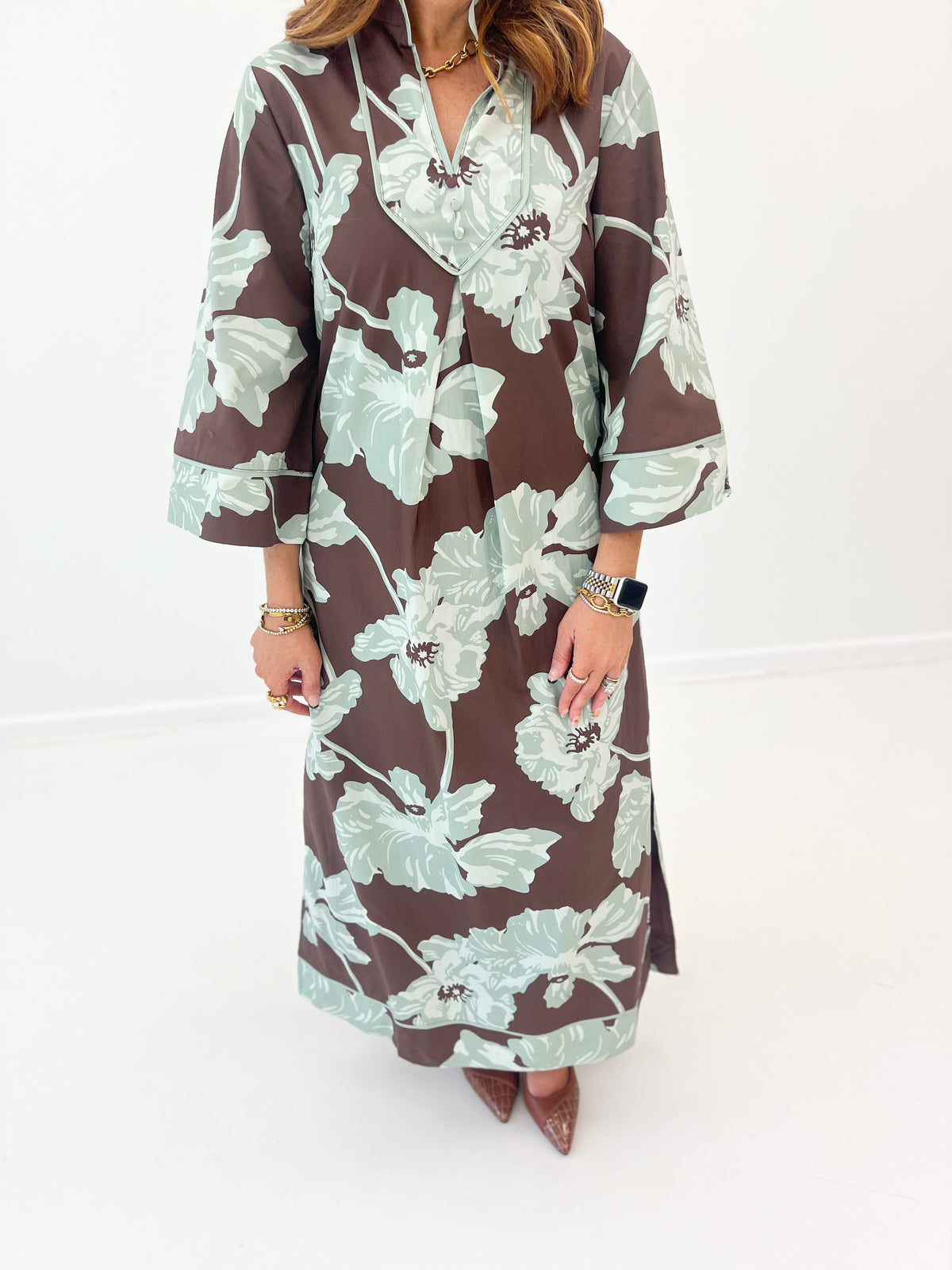 Chocolate-brown V-neck midi dress with mint floral print, long sleeves, button front