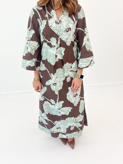 Chocolate-brown V-neck midi dress with mint floral print, long sleeves, button front