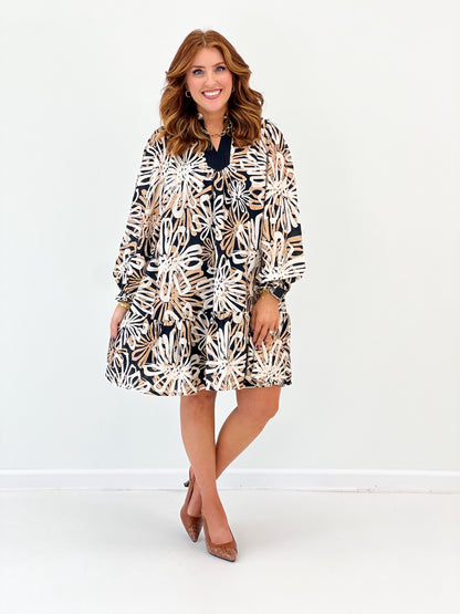 Umgee Abstract Floral Print Ruffle Hem Dress